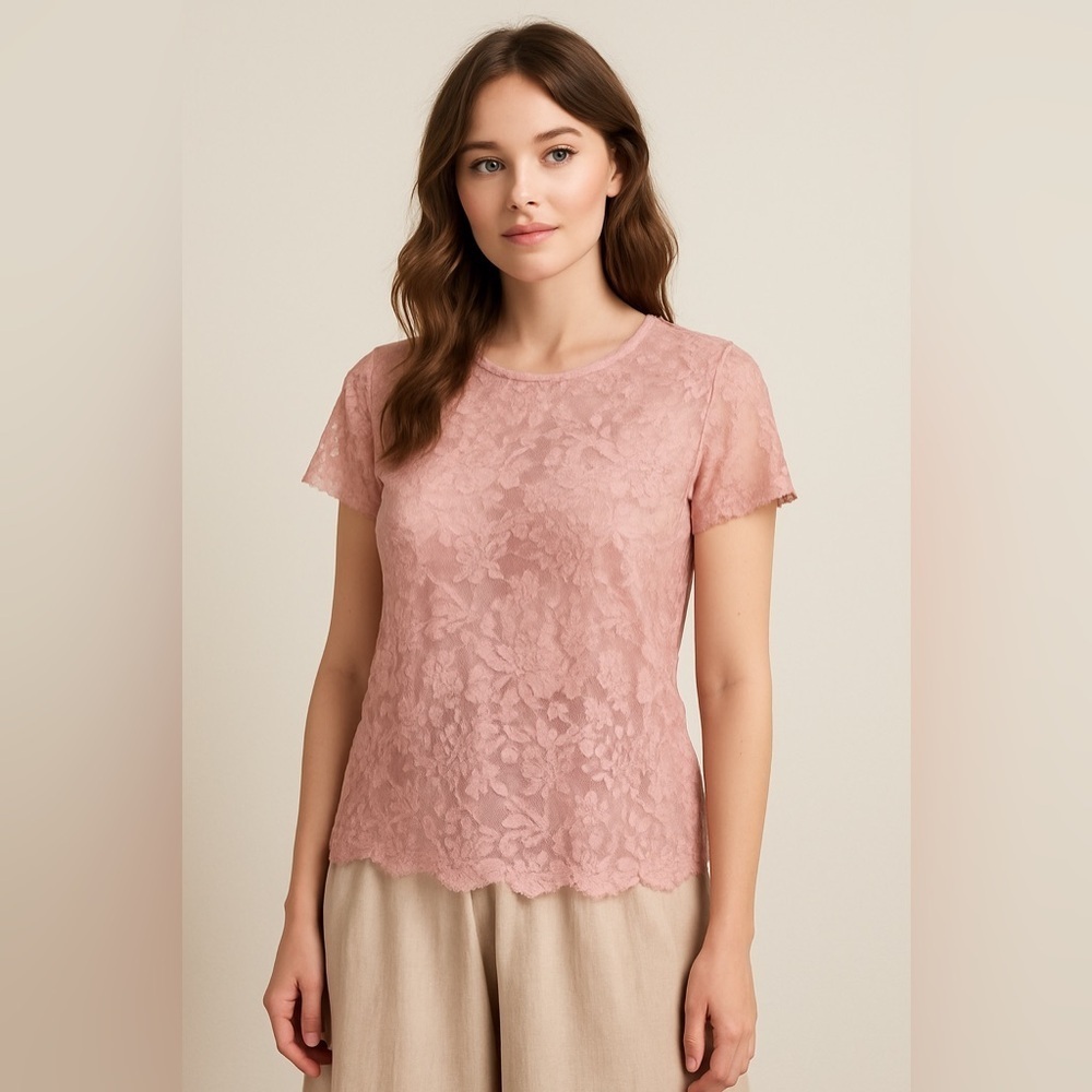 Pink Sheer Mesh Lace Blouse Women’s L Short Sleeve Romantic Coquette Cottegecore